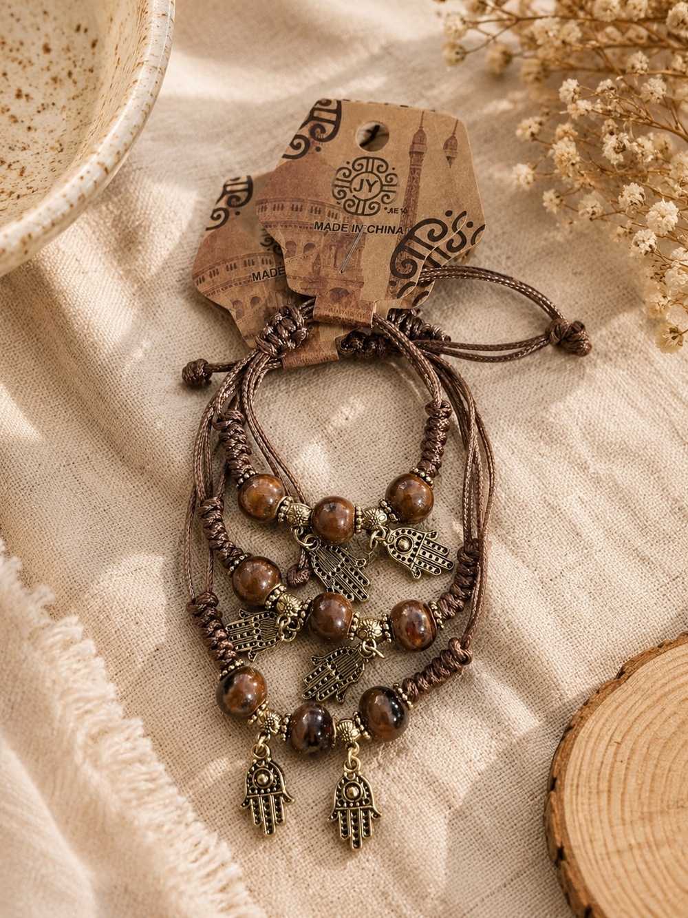 Three Handmade Brown Beaded Hamsa - Picture 1 of 2